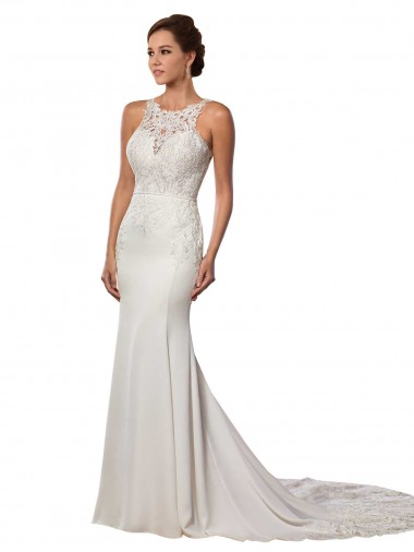 Lace V-Back Chapel Train High Neck Sheath Modern Wedding Dress Sudbury