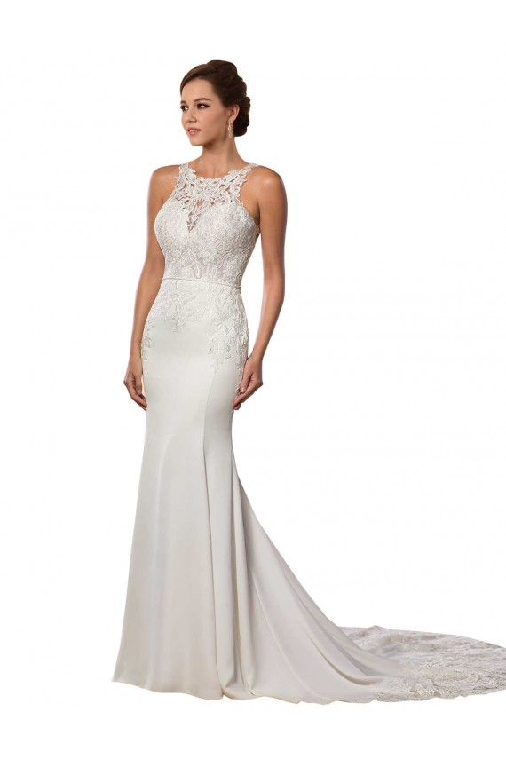 Lace V-Back Chapel Train High Neck Sheath Modern Wedding Dress Sudbury