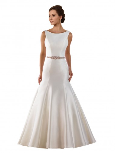 Satin V-Back Chapel Train Bateau Neck Mermaid Modern Wedding Dress Sudbury