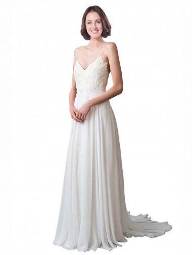 Soft Chiffon & Lace Chapel Train Spaghetti Straps A-Line Beach Wedding Dress Sudbury