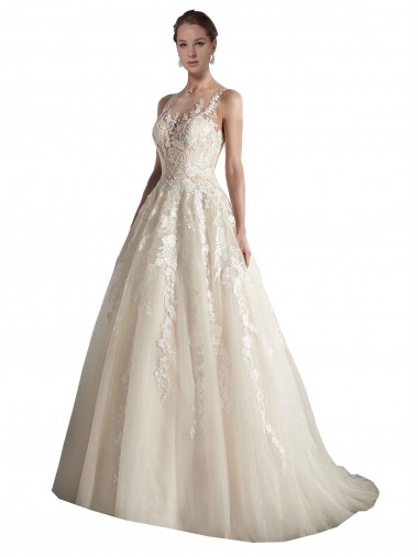 Tulle Sleeveless Illusion Neck Ivory & Champagne A-Line Wedding Dress Sudbury