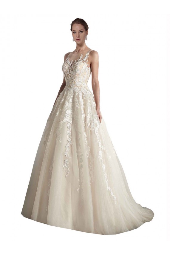 Tulle Sleeveless Illusion Neck Ivory & Champagne A-Line Wedding Dress Sudbury