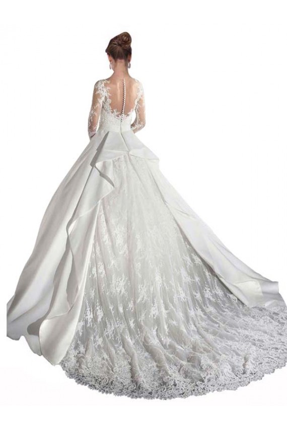Satin & Lace Cathedral Train Illusion Neck A-Line Wedding Dress Sudbury