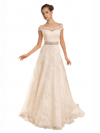 Lace Chapel Train Off the Shoulder A-Line Beach Wedding Dress Sudbury