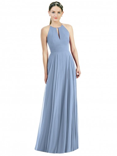 Soft Chiffon Long Halter Neck Dusty Blue A-Line Semi Formal Evening Dress / Bridesmaid Dress Sudbury