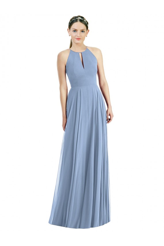 Soft Chiffon Long Halter Neck Dusty Blue A-Line Semi Formal Evening Dress / Bridesmaid Dress Sudbury