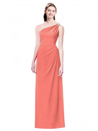 Soft Chiffon Long One Shoulder Coral A-Line Bridesmaid Dress Sudbury