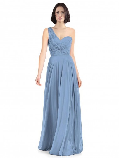 Soft Chiffon Long One Shoulder Dusty Blue A-Line Formal Dress / Bridesmaid Dress Sudbury