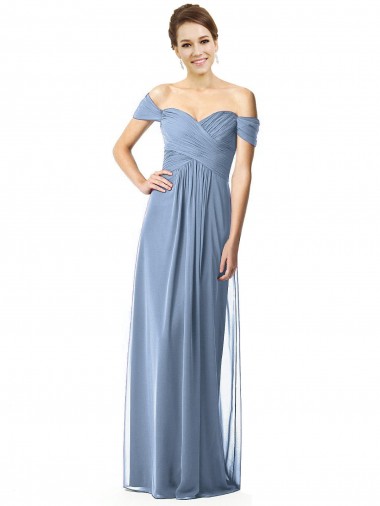 Soft Chiffon Long Off the Shoulder Dusty Blue A-Line Bridesmaid Dress Sudbury
