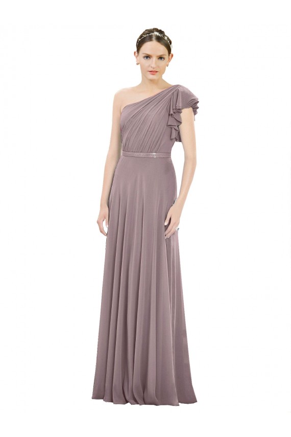 Soft Chiffon Long One Shoulder Dusty Rose A-Line Bridesmaid Dress Sudbury