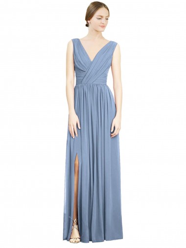 Soft Chiffon Long V-Neck Dusty Blue A-Line Semi Formal Evening Dress / Bridesmaid Dress Sudbury