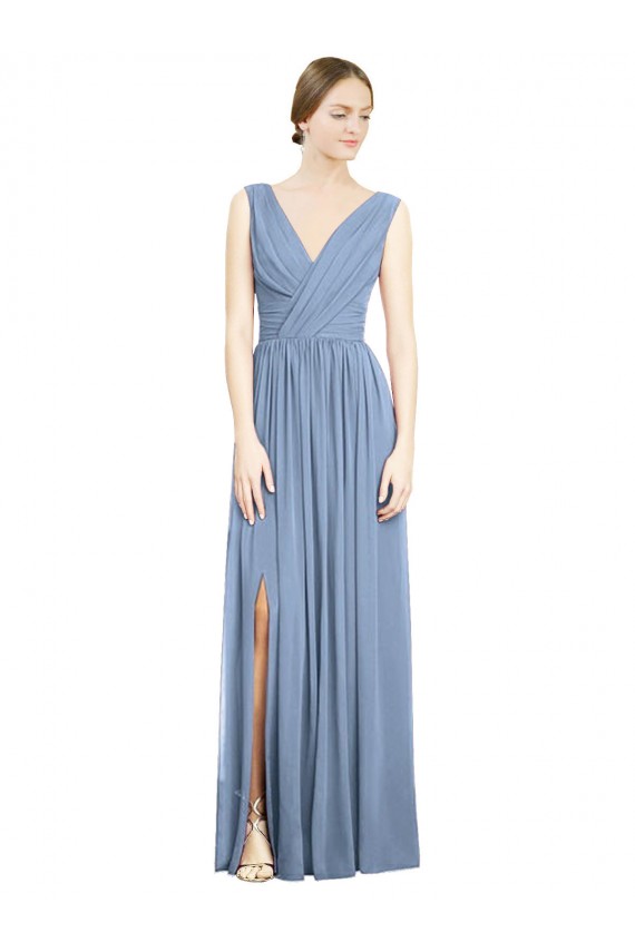 Soft Chiffon Long V-Neck Dusty Blue A-Line Semi Formal Evening Dress / Bridesmaid Dress Sudbury