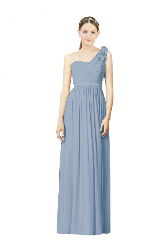 Soft Chiffon Long One Shoulder Dusty Blue A-Line Bridesmaid Dress Sudbury