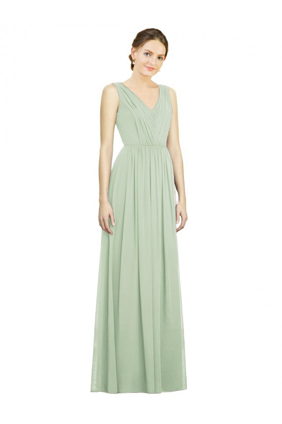 Soft Chiffon V-Back Long V-Neck Sage A-Line Bridesmaid Dress Sudbury