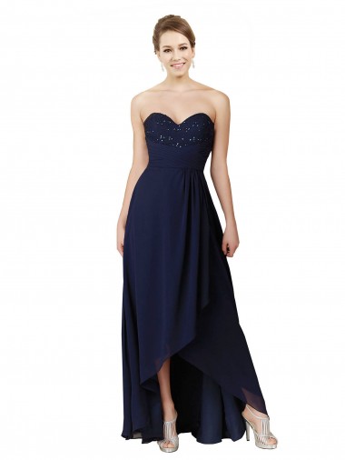 Soft Chiffon Long Sweetheart Dark Navy A-Line High Low Bridesmaid Dress Sudbury