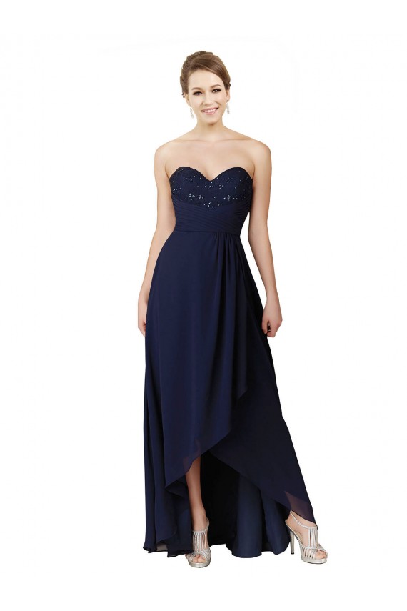 Soft Chiffon Long Sweetheart Dark Navy A-Line High Low Bridesmaid Dress Sudbury