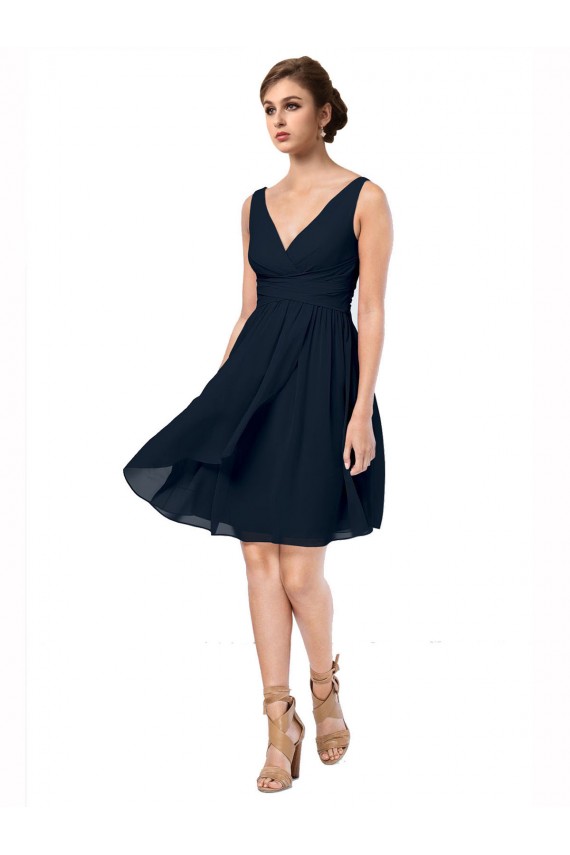 Soft Chiffon Knee Length V-Neck Dark Navy A-Line Bridesmaid Dress Sudbury