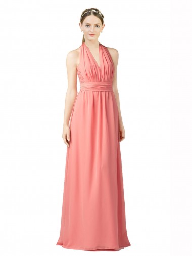Soft Chiffon Long Halter Neck Watermelon A-Line Bridesmaid Dress Sudbury