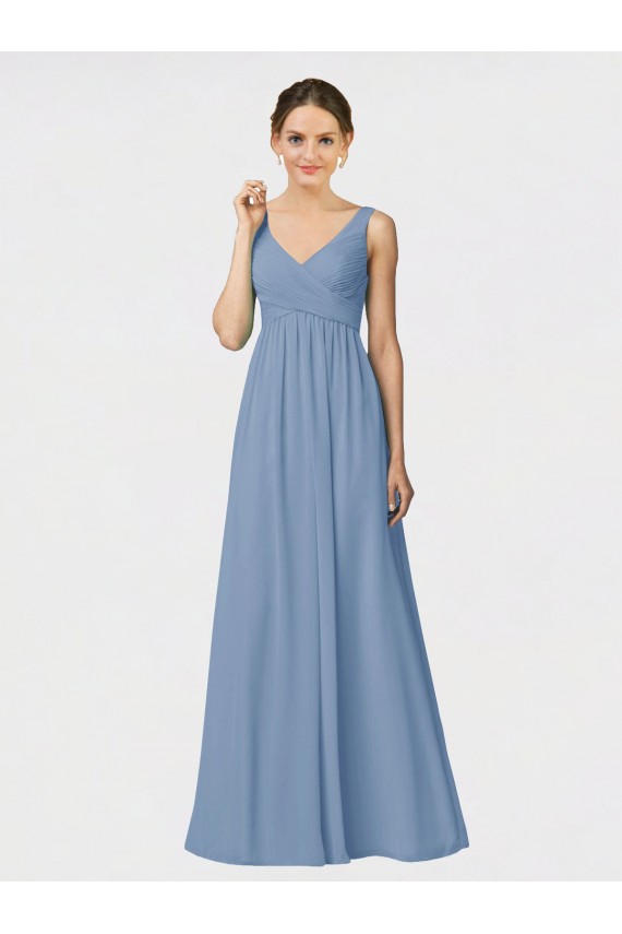 Soft Chiffon Long Spaghetti Straps Dusty Blue A-Line Bridesmaid Gown Sudbury