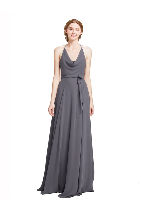 Soft Chiffon Long Spaghetti Straps Slate Grey A-Line Bridesmaid Dress Sudbury