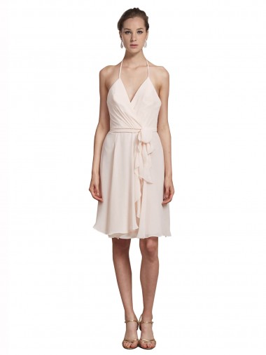 Soft Chiffon Knee Length Halter Neck Cream Pink A-Line Bridesmaid Dress Sudbury