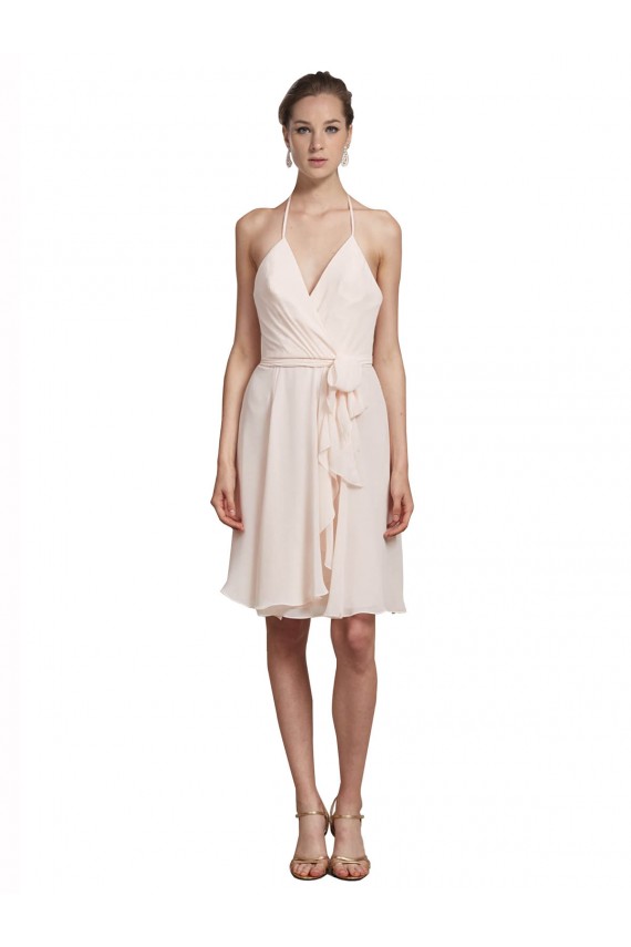 Soft Chiffon Knee Length Halter Neck Cream Pink A-Line Bridesmaid Dress Sudbury