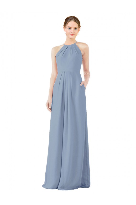 Soft Chiffon Keyhole Back Long Halter Neck Dusty Blue Sheath Bridesmaid Dress Sudbury