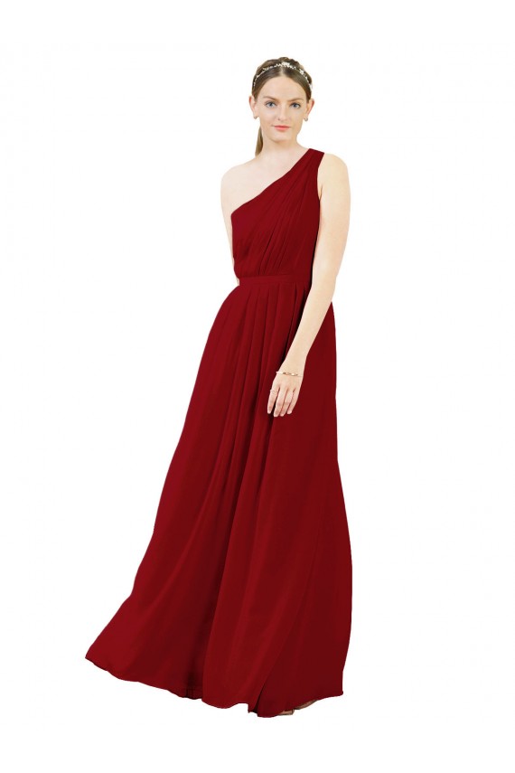 Chiffon Long One Shoulder Burgundy A-Line Bridal Party Dress / Evening Dress Sudbury