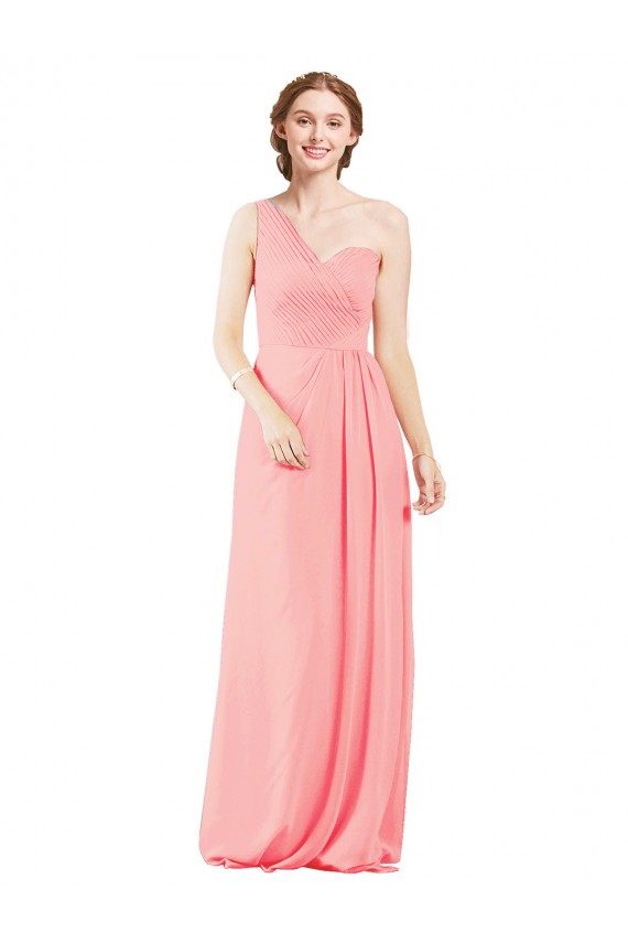 Soft Chiffon Long One Shoulder Salmon A-Line Bridal Party Dress Sudbury