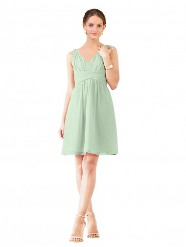 Soft Chiffon Knee Length V-Neck Sage A-Line Bridesmaid Dress Sudbury