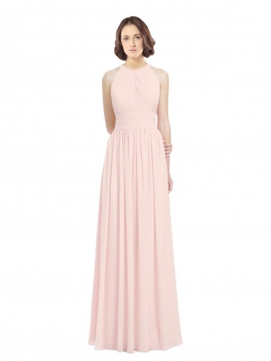 Soft Chiffon Keyhole Back Long Halter Neck Pink A-Line Bridesmaid Dress Sudbury