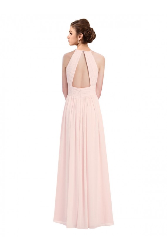 Soft Chiffon Keyhole Back Long Halter Neck Pink A-Line Bridesmaid Dress Sudbury