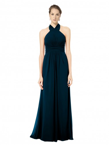 Soft Chiffon Open Back Long Halter Neck Midnight Green A-Line Formal Dress / Bridesmaid Dress Sudbury