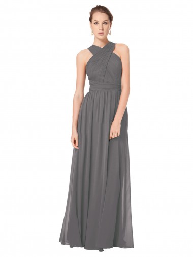 Soft Chiffon Keyhole Back Long Halter Neck Stormy Silver A-Line Bridesmaid Dress Sudbury