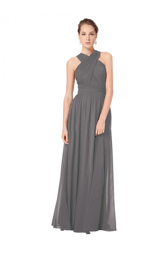 Soft Chiffon Keyhole Back Long Halter Neck Stormy Silver A-Line Bridesmaid Dress Sudbury