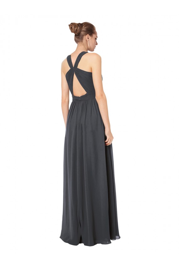 Soft Chiffon Keyhole Back Long Halter Neck Stormy Silver A-Line Bridesmaid Dress Sudbury