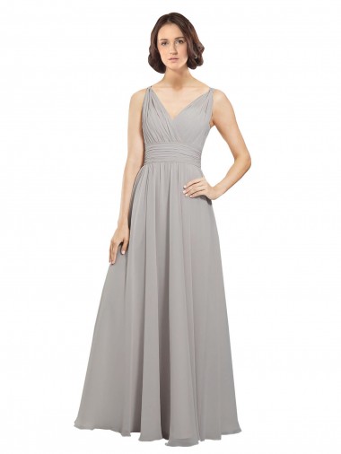 Soft Chiffon V-Back Long V-Neck Oyster Silver A-Line Bridesmaid Dress Sudbury