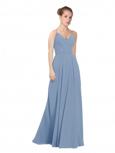 Soft Chiffon V-Back Long V-Neck Dusty Blue A-Line Evening Dress / Bridesmaid Dress Sudbury