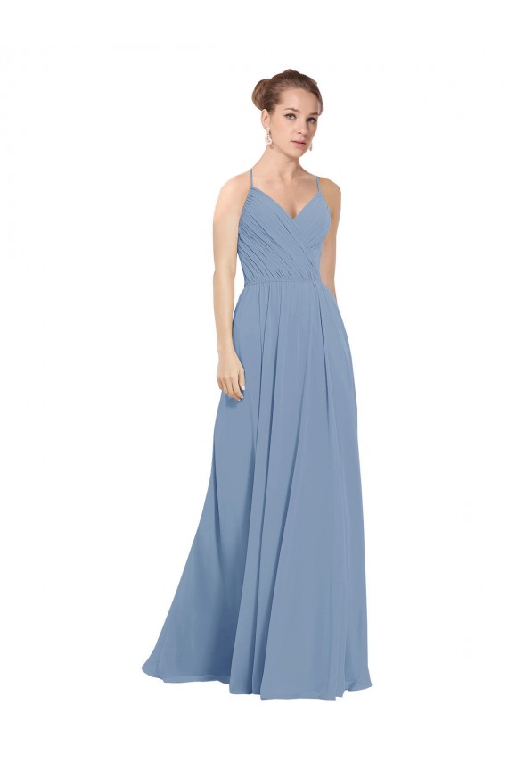 Soft Chiffon V-Back Long V-Neck Dusty Blue A-Line Evening Dress / Bridesmaid Dress Sudbury