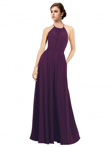 Chiffon Keyhole Back Long Halter Neck Grape A-Line Bridesmaid Dress / Evening Dress Sudbury