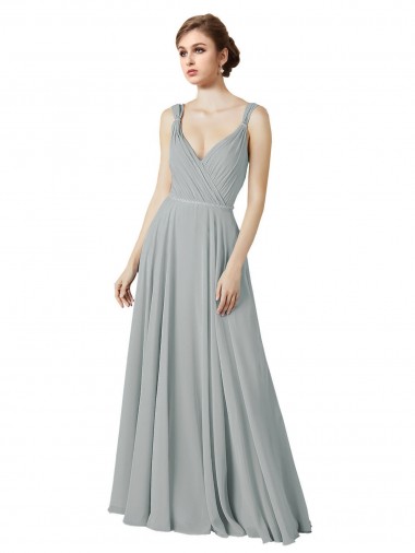 Chiffon Long V-Neck Silver A-Line Bridesmaid Dress / Evening Dress Sudbury