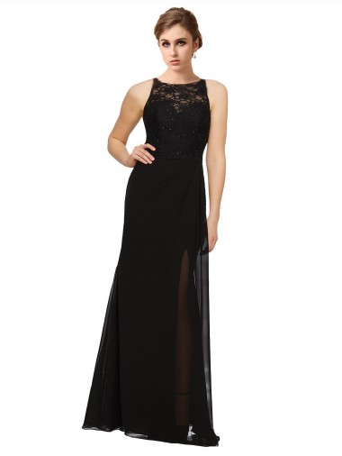 Soft Chiffon & Lace Long High Neck Sheath Bridesmaid Dress Sudbury