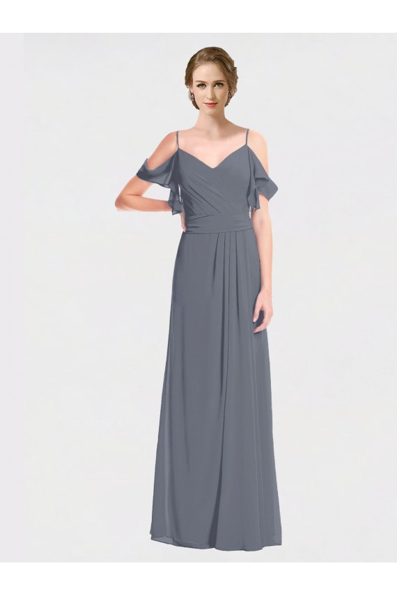 Soft Chiffon V-Back Long Off the Shoulder Slate Grey A-Line Bridesmaid Dress Sudbury