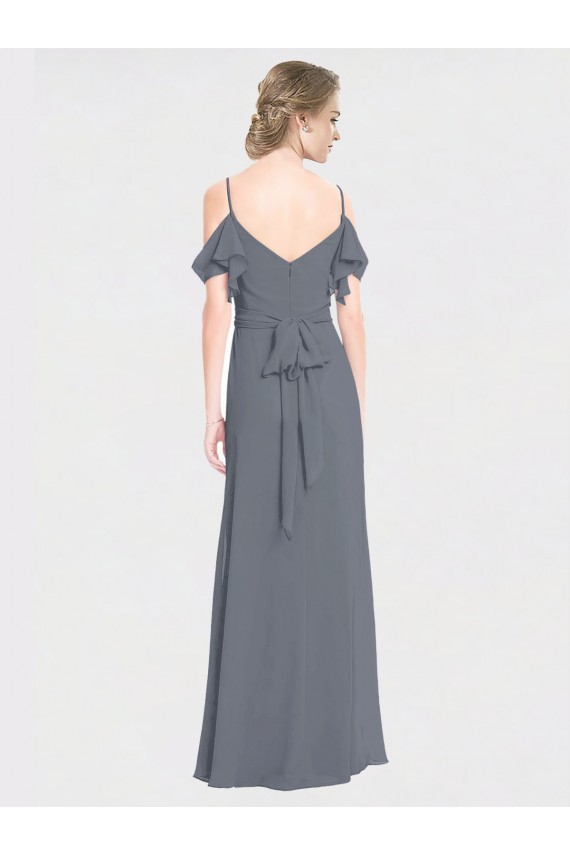 Soft Chiffon V-Back Long Off the Shoulder Slate Grey A-Line Bridesmaid Dress Sudbury