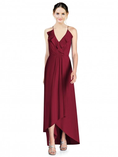 Soft Chiffon Open Back Long Spaghetti Straps Burgundy A-Line High Low Bridesmaid Dress Sudbury