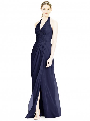 Soft Chiffon Open Back Long Halter Neck Dark Navy A-Line Formal Dress / Bridesmaid Dress Sudbury