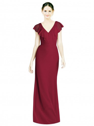 Soft Chiffon V-Back Long V-Neck Burgundy Trumpet Bridesmaid Dress Sudbury