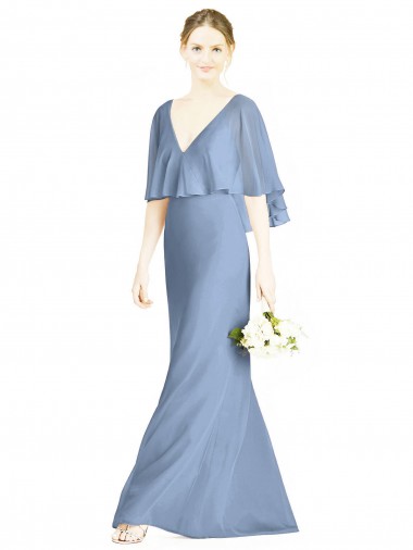 Soft Chiffon Long V-Neck Dusty Blue Trumpet Bridesmaid Dress Sudbury