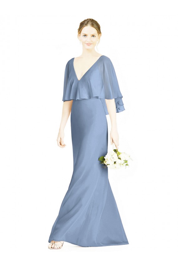 Soft Chiffon Long V-Neck Dusty Blue Trumpet Bridesmaid Dress Sudbury