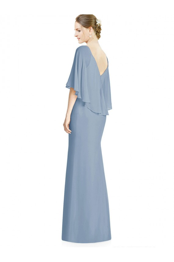 Soft Chiffon Long V-Neck Dusty Blue Trumpet Bridesmaid Dress Sudbury